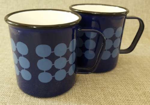 Mid-century Modern MCM Finel Arabia, Finland Enamel Mugs by Kaj Franck in Blue Domino