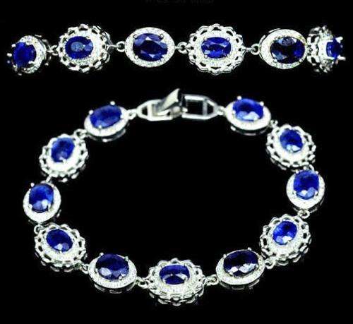 14k White  gold Plated 925 Sterling Silver Sapphire and CZ Bracelet  15.000Cts