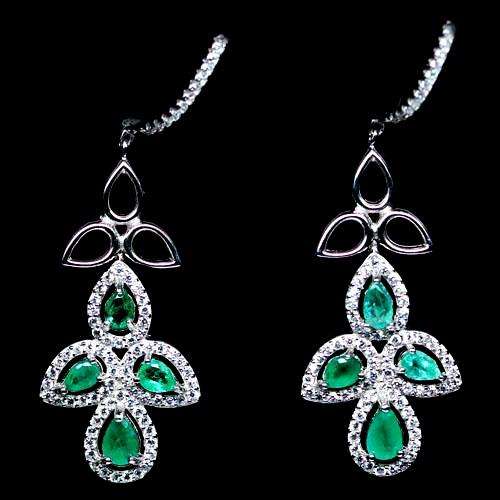 Luxury 14k White gold Plated 925 Sterling Silver, Emerald and CZ  Designer earrings