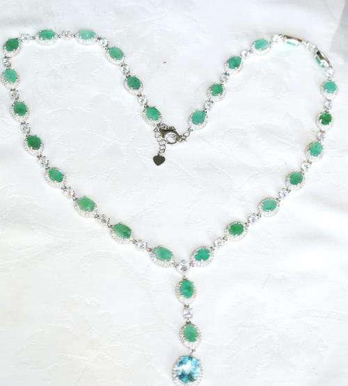 14k White  gold Plated 925 Sterling Silver Topaz Emerald and Cz Necklace  VALENTINE