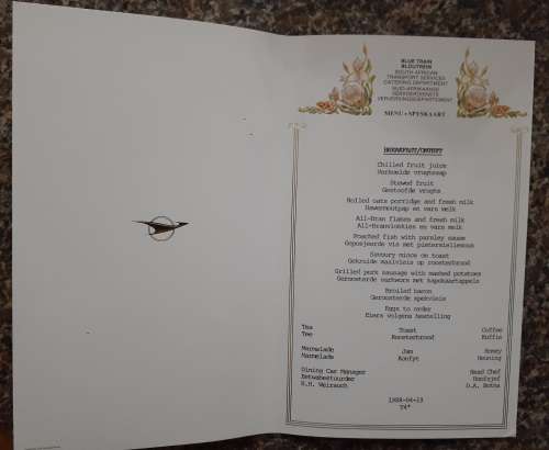 1988 Blue Train menus x 3 in folder