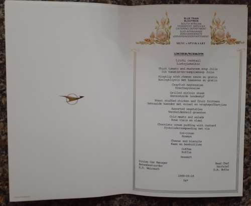 1988 Blue Train menus x 3 in folder