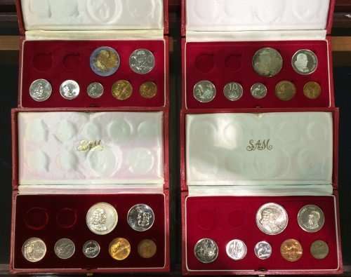 4 x SOUTH AFRICA PROOF SETS WITH THE SILVER ONE RAND COINS *** 1966 , 1967, 1968, 1969. BID PER SET
