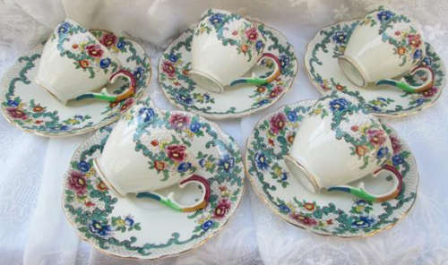 ROYAL CAULDON VICTORIA DESIGN ENGLAND, HAND PAINTED DEMITASSE CUPS AND SAUCERS.
