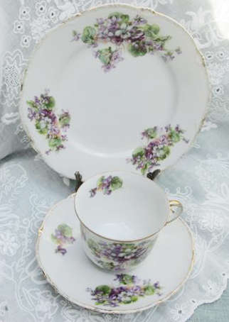 VINTAGE OR OLDER ? AUSTRIAN PORCELAIN TRIO WITH VIOLET FLOWER DESIGN HIGHLIGHTED WITH GOLD TRIM.