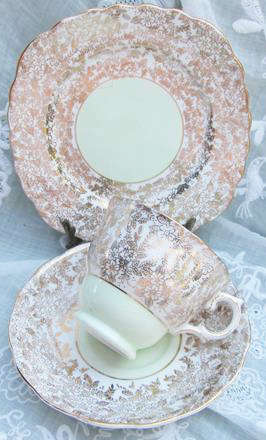 RARE !! COLCHLOUGH, LONGTON BONE CHINA TRIO, MINT GREEN, HEAVILY GILDED WITH A  FINE FILLIGRE DESIGN