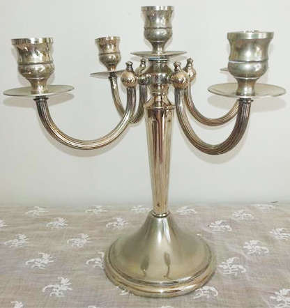 ANTIQUE / VINTAGE ? SILVER PLATED CHANDELIER FOR 5 CANDLES, HEAVY QUALITY ITEM,