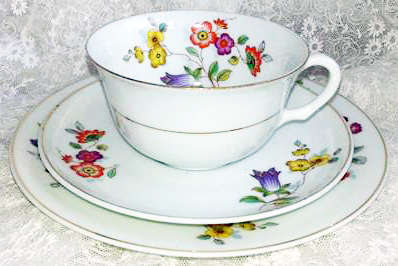 VINTAGE 1945  TRIO, HAND PAINTED PORCELAIN, EPIAG, CZECHOSLOVAKIA, FLORAL DESIGN