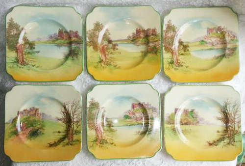 HAND PAINTED, ROYAL DOULTON SANDWICH  PLATES, BRITISH CASTLES SERIES WARE x SIX, WITH GREEN EDGING