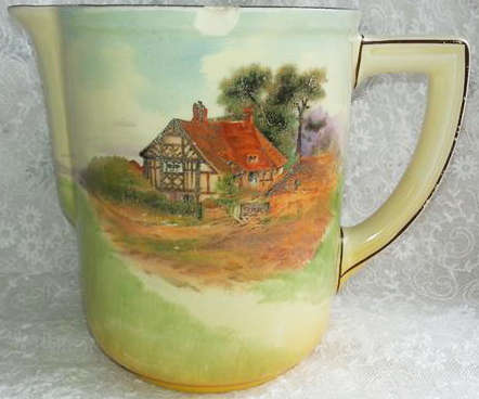 VINTAGE ROYAL DOULTON HAND PAINTED MILK JUG, COUNTRY SIDE THATCHED COTTAGE