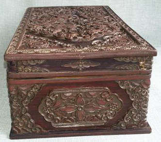 ANTIQUE, CHINESE RECTANGULAR SHAPED, INTRICATELY HAND CARVED, WOODEN TRINKET BOX