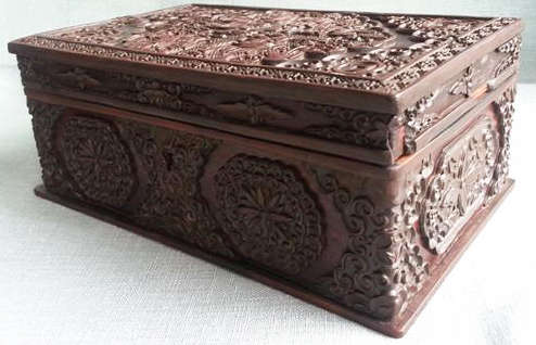 ANTIQUE, CHINESE RECTANGULAR SHAPED, INTRICATELY HAND CARVED, WOODEN TRINKET BOX