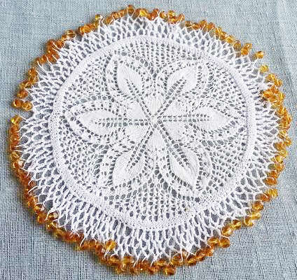 VINTAGE, WHITE HAND KNITTED DOILY WITH THE FINEST COTTON,  GLASS BEADS
