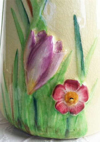 RARE !!!.1930s  ART DECO.....CARLTON WARE, PITCHER WITH EMBOSSED CROCUS FLOWERS AMONG PRIMROSES.....