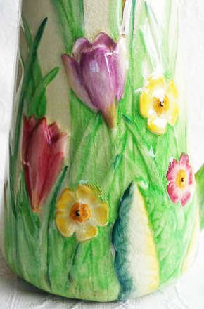RARE !!!.1930s  ART DECO.....CARLTON WARE, PITCHER WITH EMBOSSED CROCUS FLOWERS AMONG PRIMROSES.....