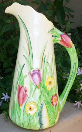 RARE !!!.1930s  ART DECO.....CARLTON WARE, PITCHER WITH EMBOSSED CROCUS FLOWERS AMONG PRIMROSES.....