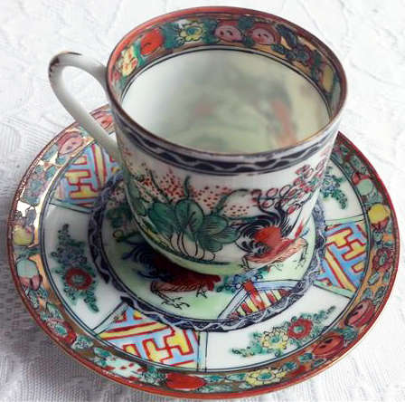 VINTAGE SIGNED, FINE AND DELICATE PORCELAIN CHINESE DEMITASSE DUO, HAND PAINTED ROOSTER DESIGN