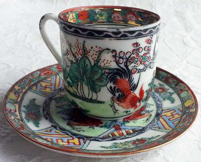 VINTAGE SIGNED, FINE AND DELICATE PORCELAIN CHINESE DEMITASSE DUO, HAND PAINTED ROOSTER DESIGN
