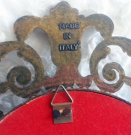 LARGE VINTAGE, SILK PRINT OF A VICTORIAN LADY BEHIND CONVEX GLASS, ORNATE CAST BRASS ITALY FRAME