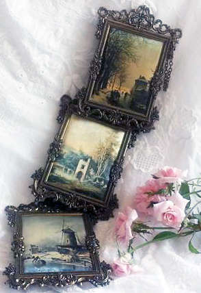 VINTAGE SET OF THREE SMALL ITALIAN SILK PRINTS, ORNATE CAST BRASS FRAMES, PERFECT !!!!
