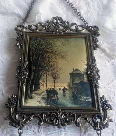 VINTAGE SET OF THREE SMALL ITALIAN SILK PRINTS, ORNATE CAST BRASS FRAMES, PERFECT !!!!