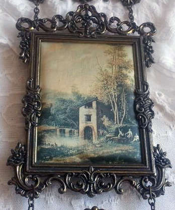VINTAGE SET OF THREE SMALL ITALIAN SILK PRINTS, ORNATE CAST BRASS FRAMES, PERFECT !!!!