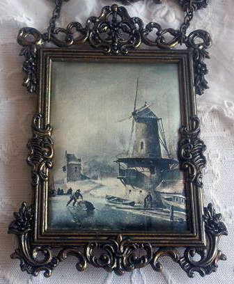 VINTAGE SET OF THREE SMALL ITALIAN SILK PRINTS, ORNATE CAST BRASS FRAMES, PERFECT !!!!