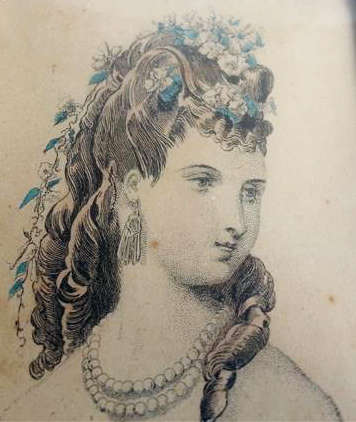 ANTIQUE,  MINIATURE OF A YOUNG LADY IN PERIOD CLOTHING BEHIND CONVEX GLASS, METAL FRAME