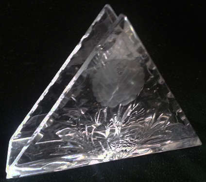 VINTAGE, ROSE CUT CRYSTAL SERVIETTE HOLDER, TRIANGULAR SHAPE, COULD BE USED AS A LETTER HOLDER.