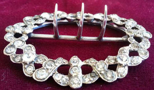 ANTIQUE 1920s APPROX UNMARKED SILVER LADIES BELT BUCKLE SET WITH SPARKLING DIAMANTE