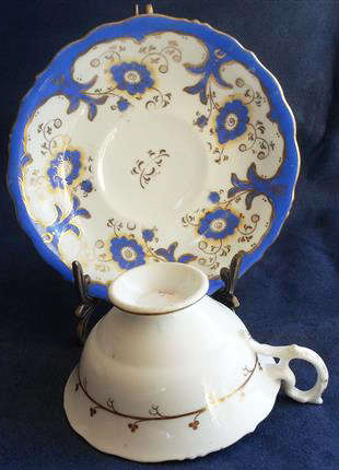 LARGE  HAND PAINTED,  VICTORIAN FOOTED DUO, BLUE FLOWERS ON WHITE PORCELAIN WITH GILDING.