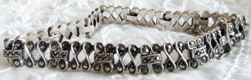 ART DECO,  SILVER MARCASITE, LINK BRACELET, SAFETY CHAIN AND LOCK, EXCELLENT CONDITION