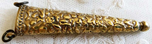 ANTIQUE VICTORIAN CHATELAINE SCISSOR CASE, AGE WORN SILVER PLATE OVER BRASS