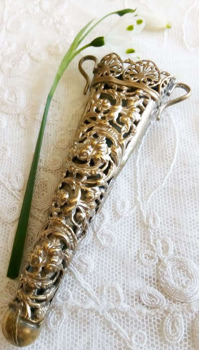 PRETTY, ANTIQUE VICTORIAN CHATELAINE SCISSOR CASE, AGE WORN SILVER PLATE OVER BRASS