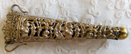 PRETTY, ANTIQUE VICTORIAN CHATELAINE SCISSOR CASE, AGE WORN SILVER PLATE OVER BRASS