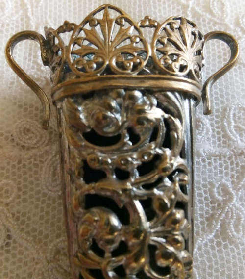 PRETTY, ANTIQUE VICTORIAN CHATELAINE SCISSOR CASE, AGE WORN SILVER PLATE OVER BRASS