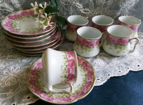 MINI EDWARDIAN SET OF 6 x HAND PAINTED WITH GILDING, PORCELAIN  DUO's  FROM A CHILDS PLAY, TEA SET,