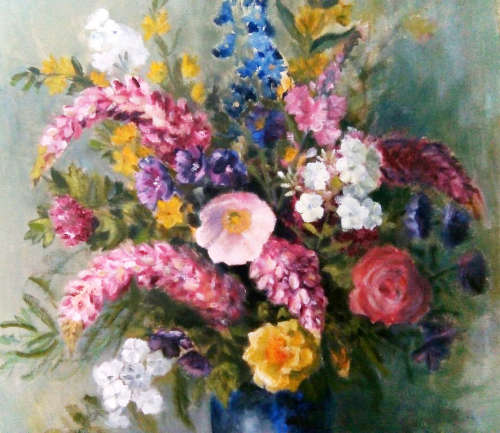 OIL ON CANVAS, FLORAL STILL LIFE OF A VASE CONTAINING  ENGLISH GARDEN FLOWERS