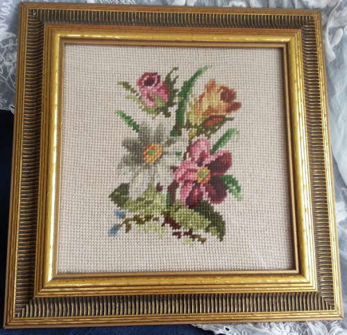 VINTAGE TAPESTRY..... SPRAY OF ROSEBUDS, DAISY, FRAMED BEHIND GLASS READY TO HANG
