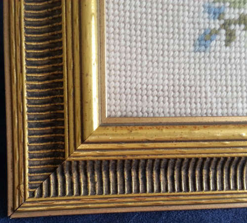 VINTAGE TAPESTRY..... SPRAY OF ROSEBUDS, DAISY, FRAMED BEHIND GLASS READY TO HANG