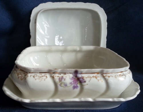 VICTORIAN DISH WITH ATTACHED SAUCER AND COVER, VIOLET DESIGN.