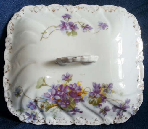 VICTORIAN DISH WITH ATTACHED SAUCER AND COVER, VIOLET DESIGN.