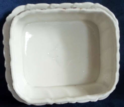 VICTORIAN DISH WITH ATTACHED SAUCER AND COVER, VIOLET DESIGN.