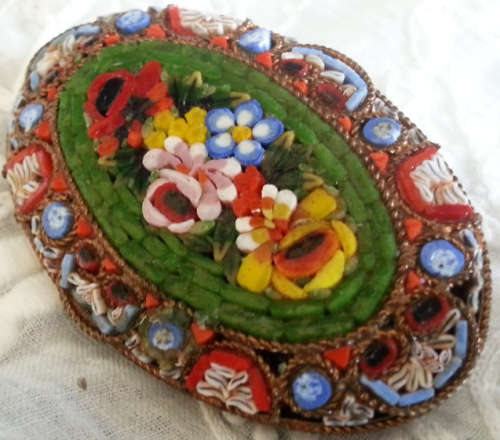 LARGE VINTAGE, OVAL SHAPED MICRO MOSAIC BROOCH, MADE IN ITALY, FLORAL DESIGN.