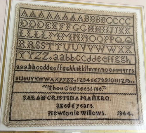 1844 SAMPLER SEWN BY 6 YEAR OLD SARAH CRISTINA MANERO,  BLACK ON WHITE COUNTED CROSS STITCH