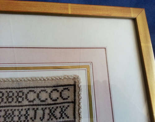 1844 SAMPLER SEWN BY 6 YEAR OLD SARAH CRISTINA MANERO,  BLACK ON WHITE COUNTED CROSS STITCH