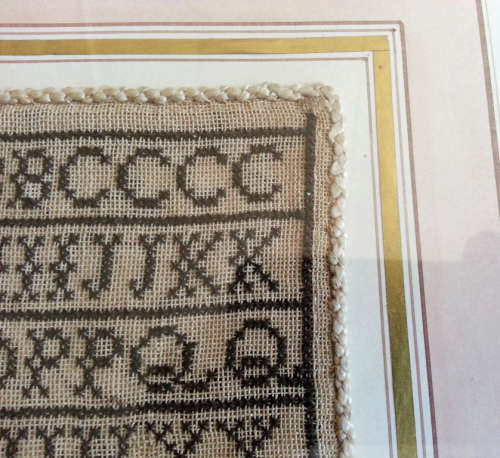 1844 SAMPLER SEWN BY 6 YEAR OLD SARAH CRISTINA MANERO,  BLACK ON WHITE COUNTED CROSS STITCH
