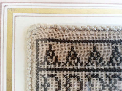 1844 SAMPLER SEWN BY 6 YEAR OLD SARAH CRISTINA MANERO,  BLACK ON WHITE COUNTED CROSS STITCH
