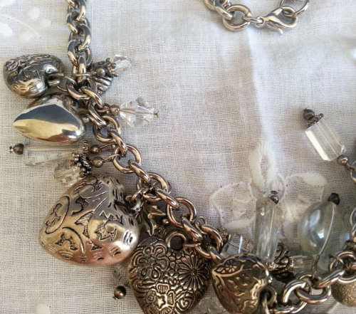 BEAUTIFUL SILVER TONE NECKLACE , ASSORTED GLASS CRYSTALS AND  HEART SHAPED CHARMS