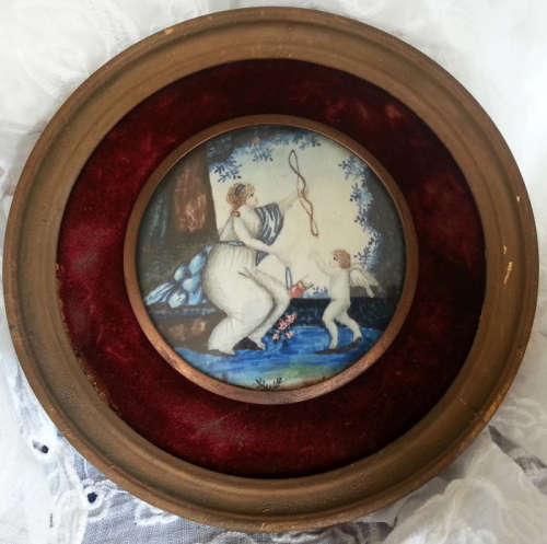 RARE 1800s VICTORIAN  MINIATURE PAINTING, HAND PAINTED ONTO IVORY,  FRAMED BEHIND  GLASS,